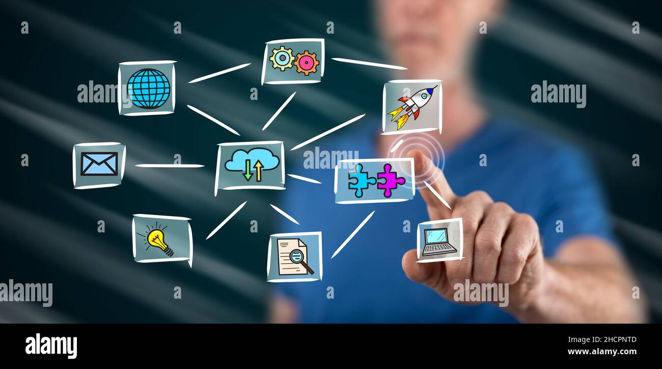 Touch In Computing Man touching a cloud computing concept on a touch screen with his ...