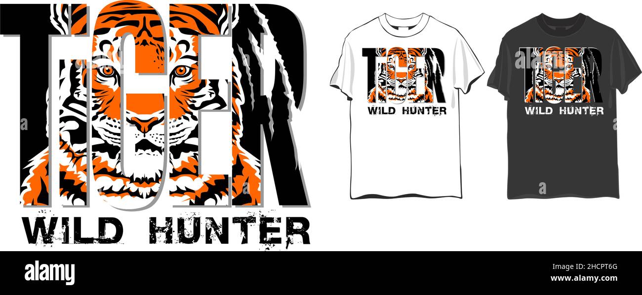 Tiger wild hunter. Graphic t-shirt design with tiger head. Vector illustration for t-shirt. Stock Vector