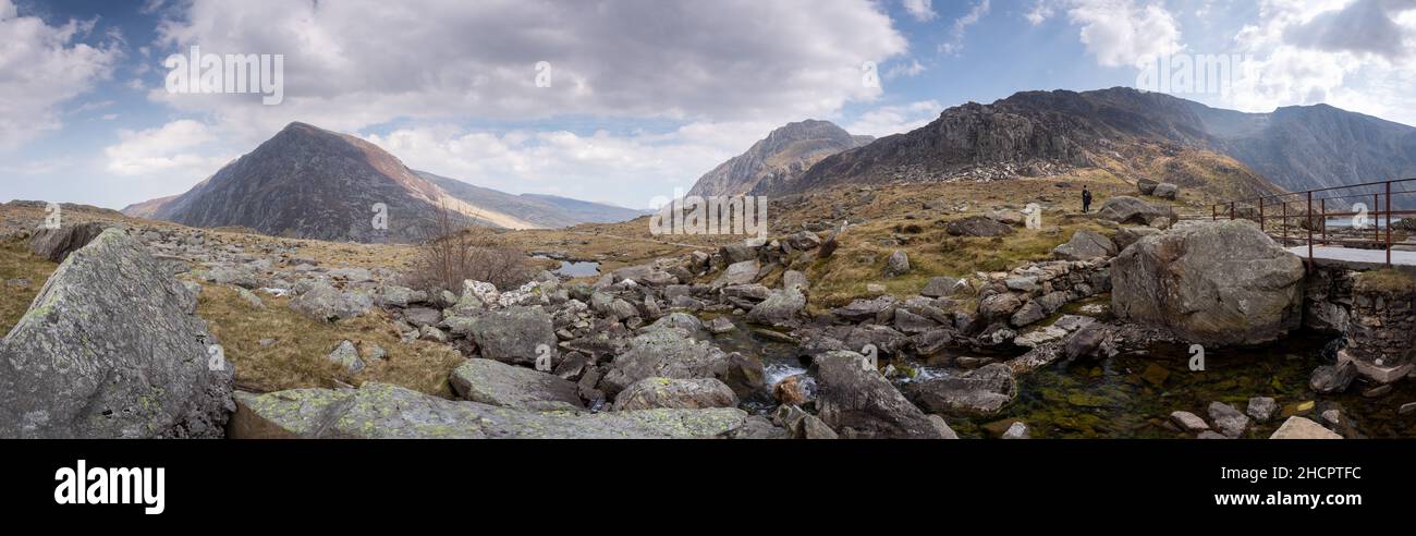 Panoramic view of the Ogwen Valley, Snowdonia, North Wales Stock Photo