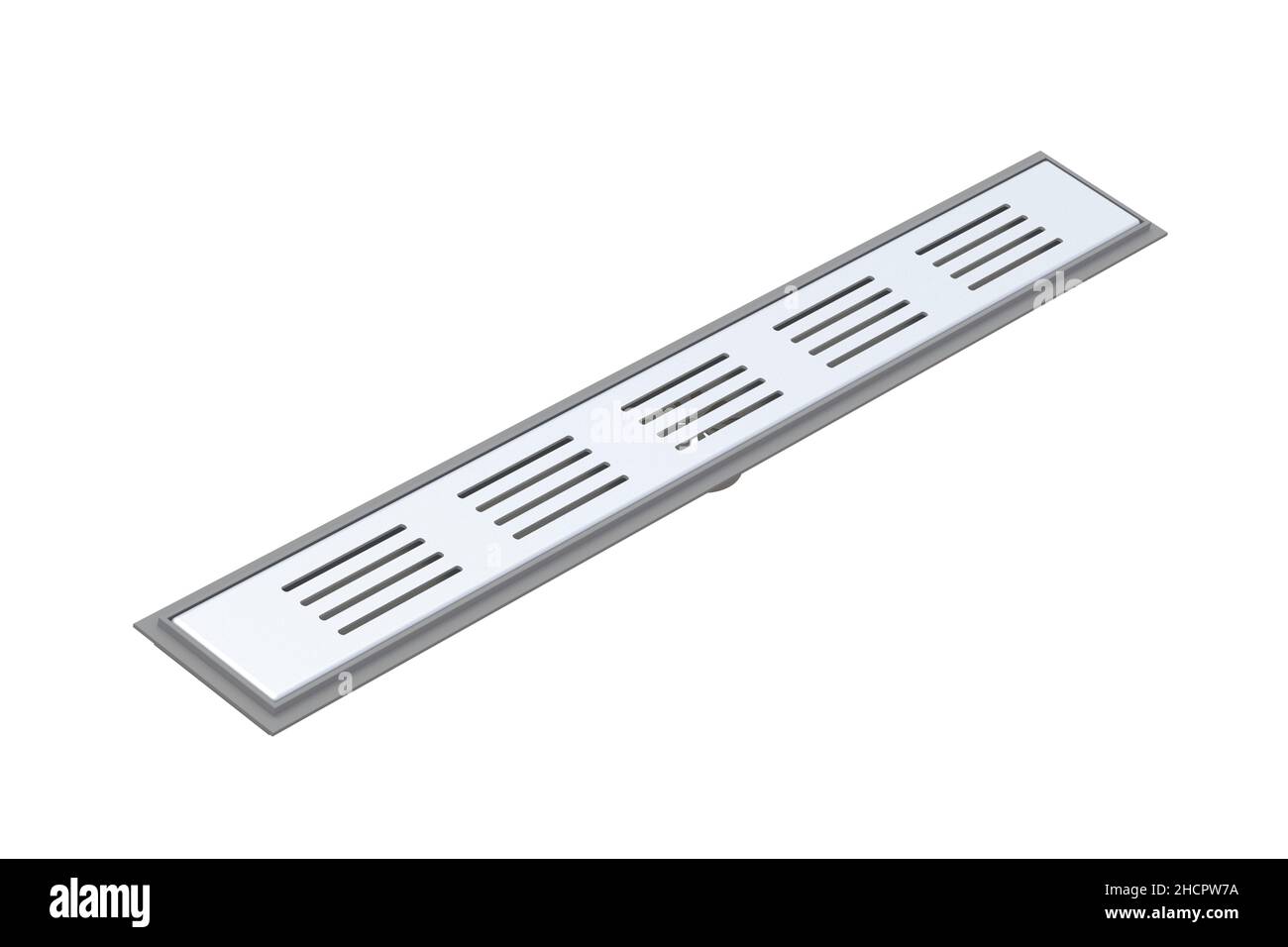 Long rectangular shower drain with stainless grid isolated on white ...