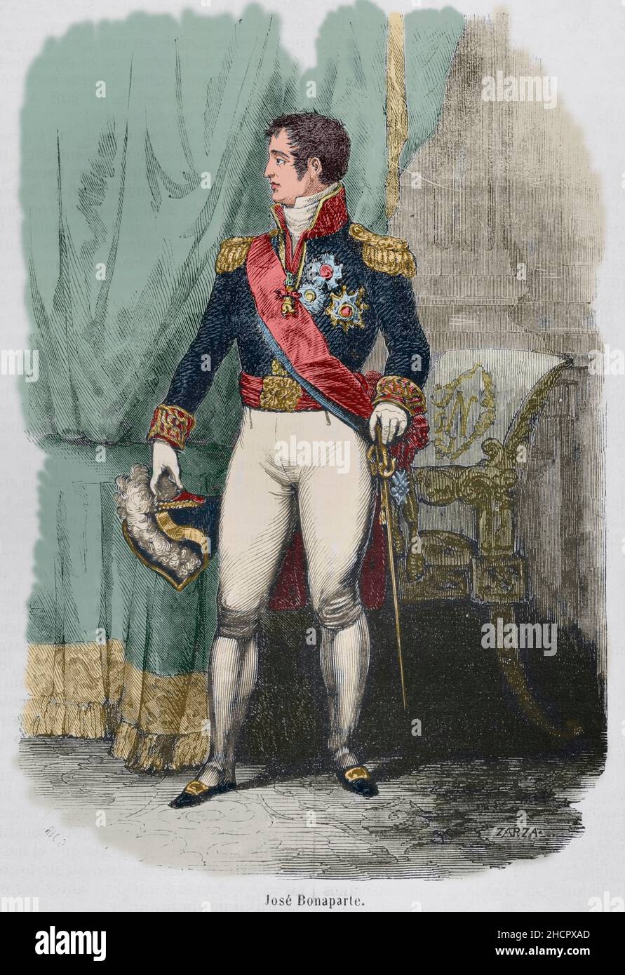 Joseph I Bonaparte (1768-1844). King of Naples (1806-1808) and king of Spain (1808-1813). Elder brother of Napoleon I, who granted him the Spanish throne, causing the uprising of May 2, 1808. Illustration by Zarza. Engraving by Rico. Later colouration. Historia General de España by Father Mariana. Madrid, 1853. Stock Photo