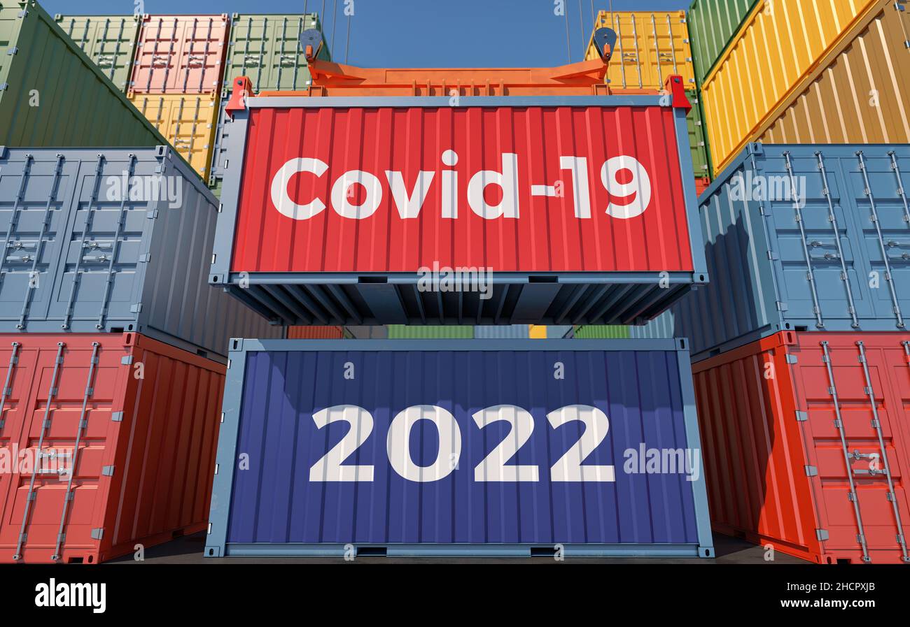 Covid Container Rates Year 2022. Container with Coronavirus Covid-19 text on the side at a ...