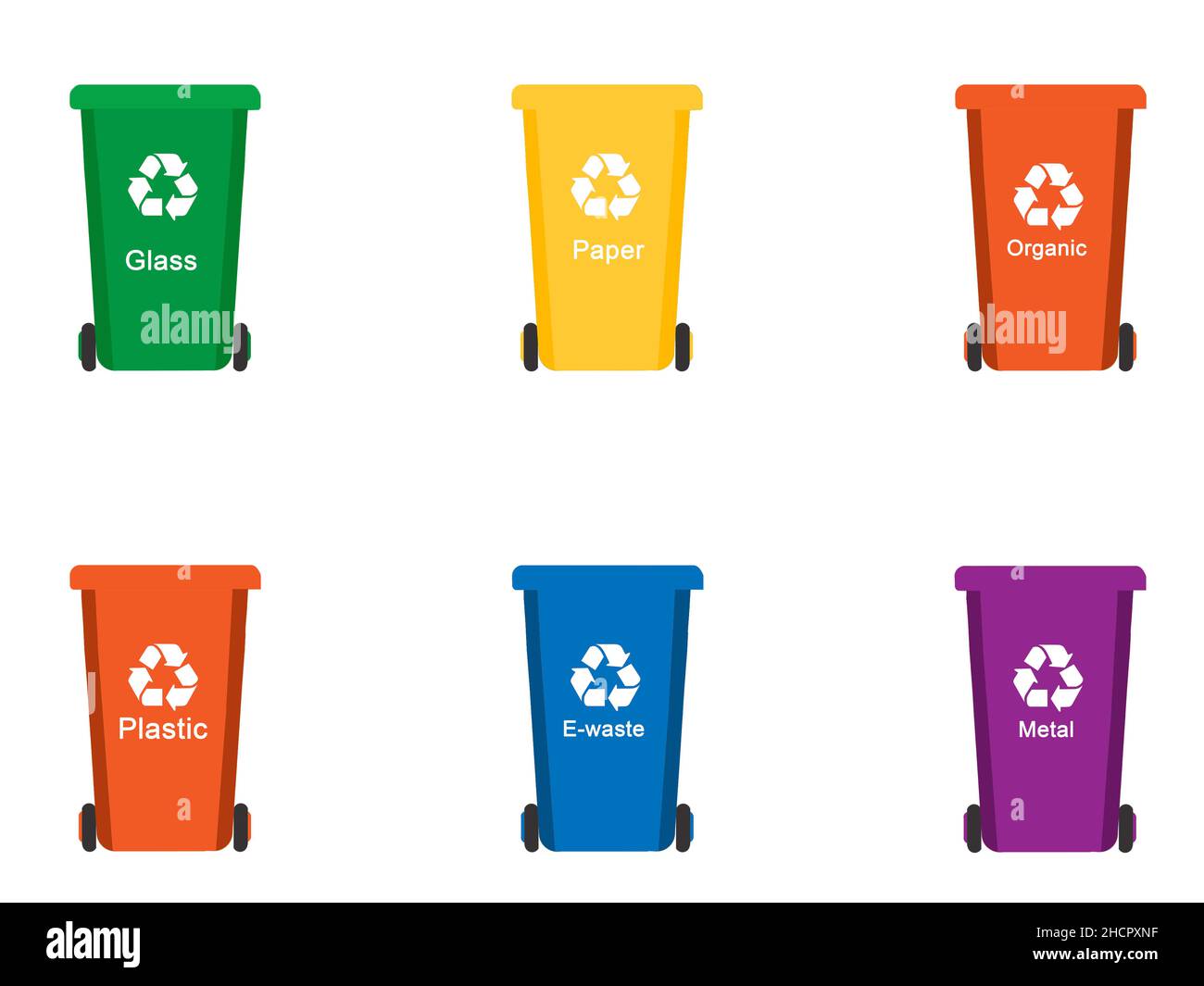 A set of six colorful recycle bins, each divided into sections on a