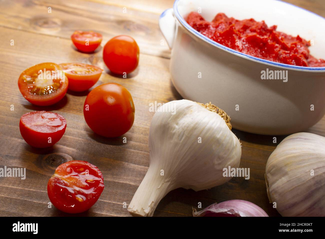 ingredients to make a home made vegan tomato soup Stock Photo