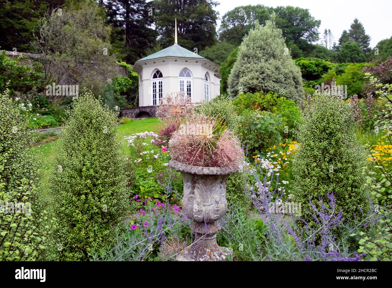 Walled garden, urn and gazebo plants in late summer August at Colby Woodland Gardens Amroth Pembrokeshire Great Britain UK   KATHY DEWITT Stock Photo