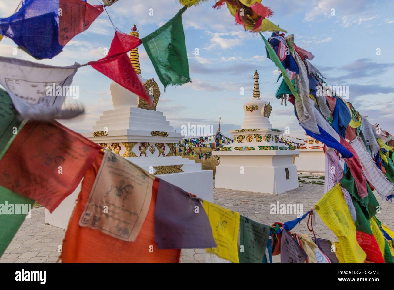 Buddhist stupas and flags in Elista, Russia. Stock Photo