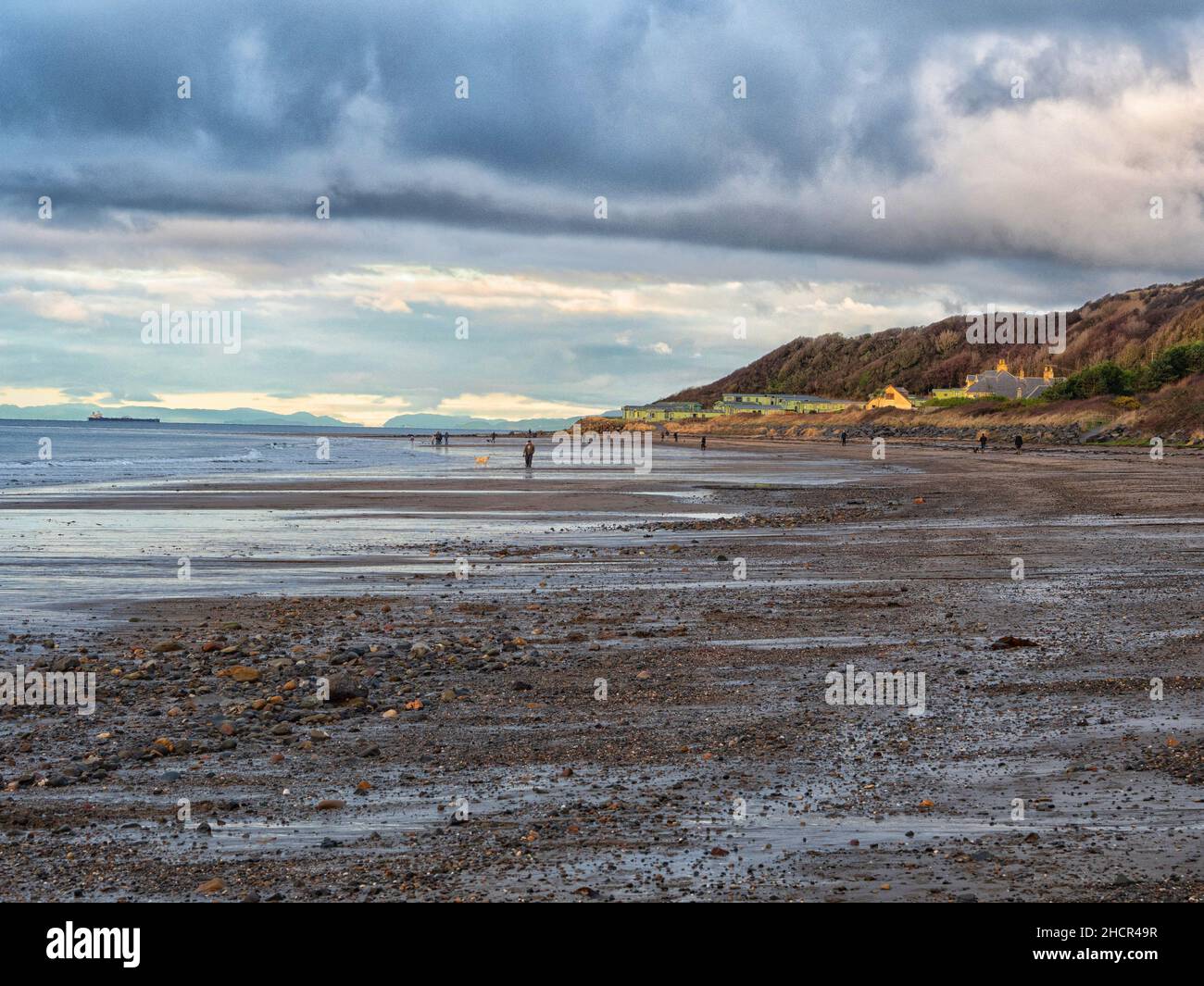 Winters view of Croy beach with the caravan park in the distance Stock Photo