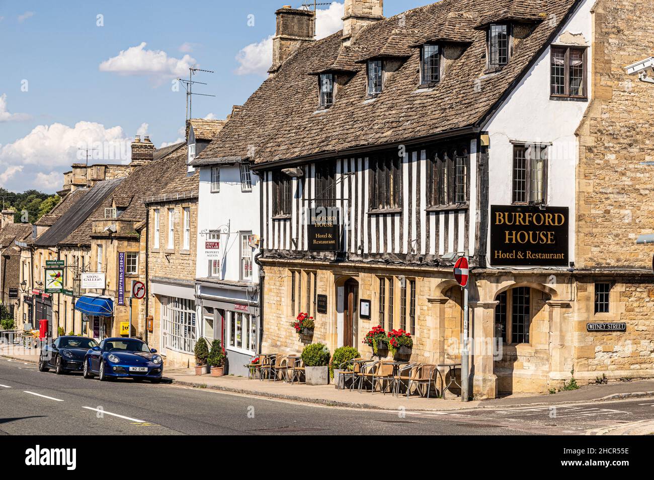 The Burford House Hotel and Restaurant in the High Street of the Cotswold town of Burford, Oxfordshire UK Stock Photo