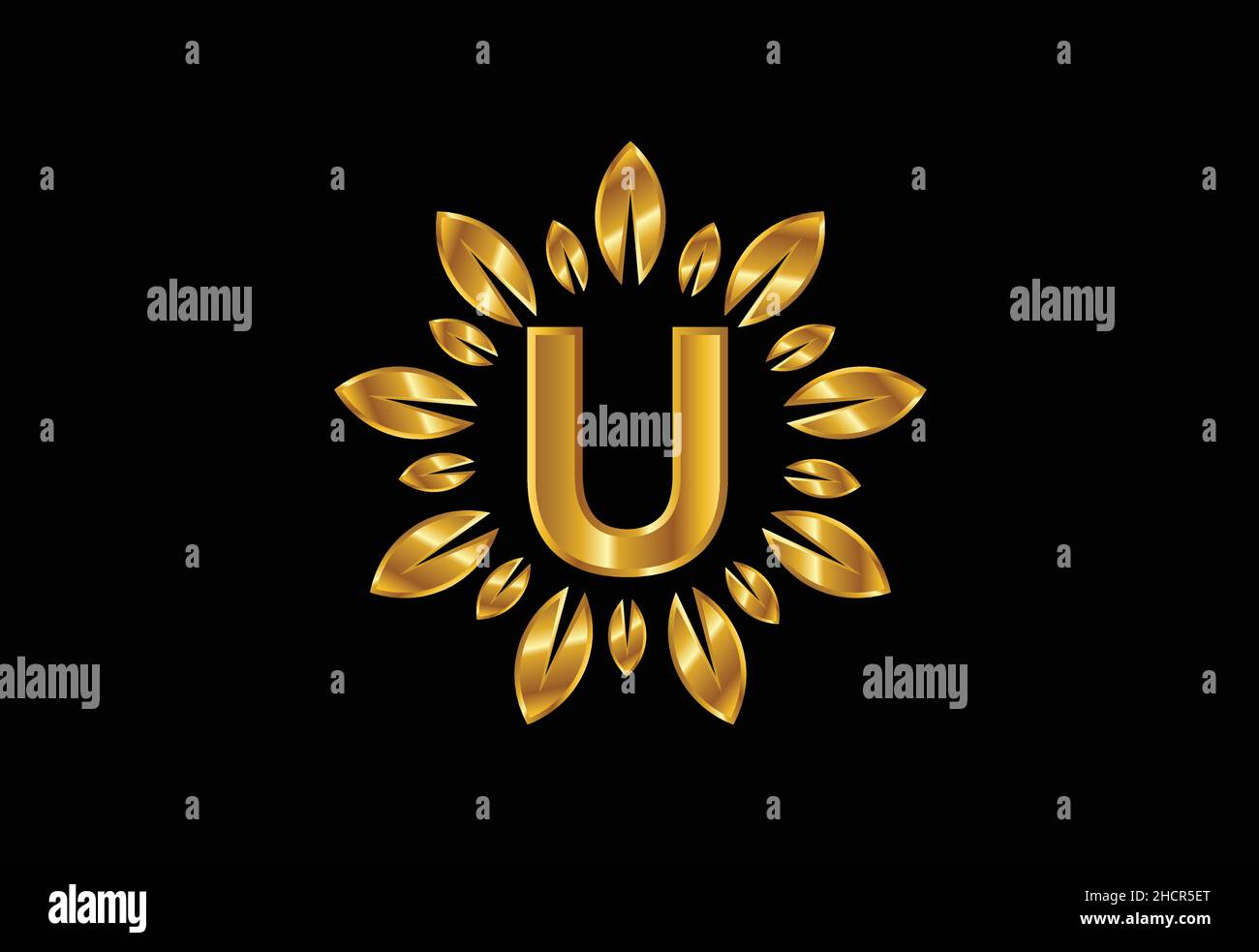 Initial U monogram letter alphabet with golden leaf wreath. Flower logo ...