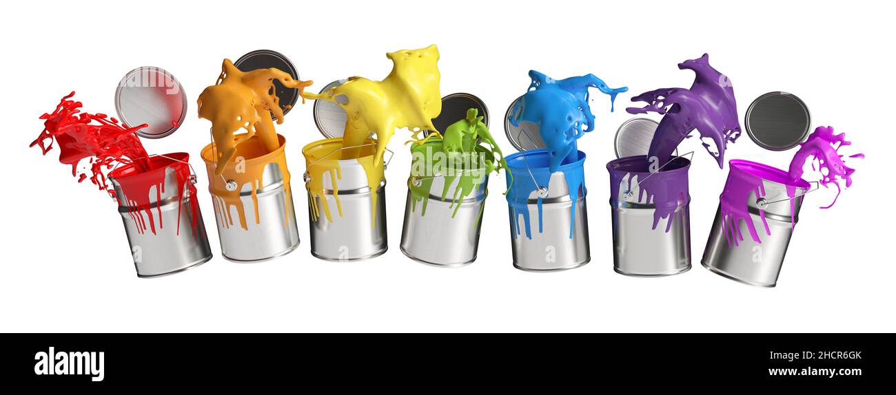 Colorful paint buckets splashing rainbow colors isolated on white background Stock Photo