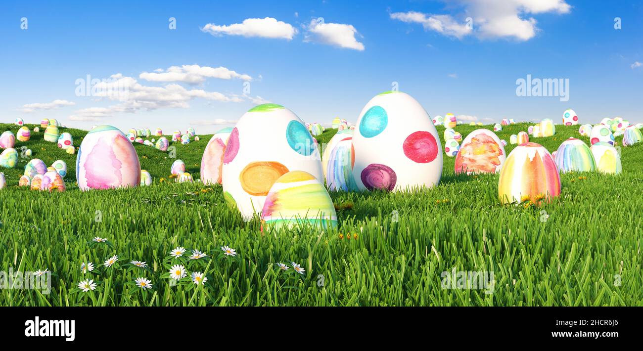 Many easter easter eggs on meadow Stock Photo