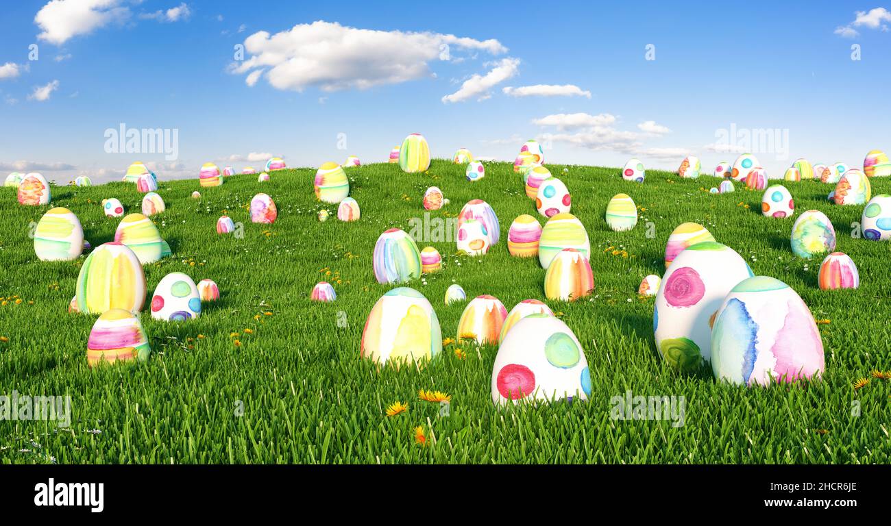 Many easter easter eggs on meadow Stock Photo