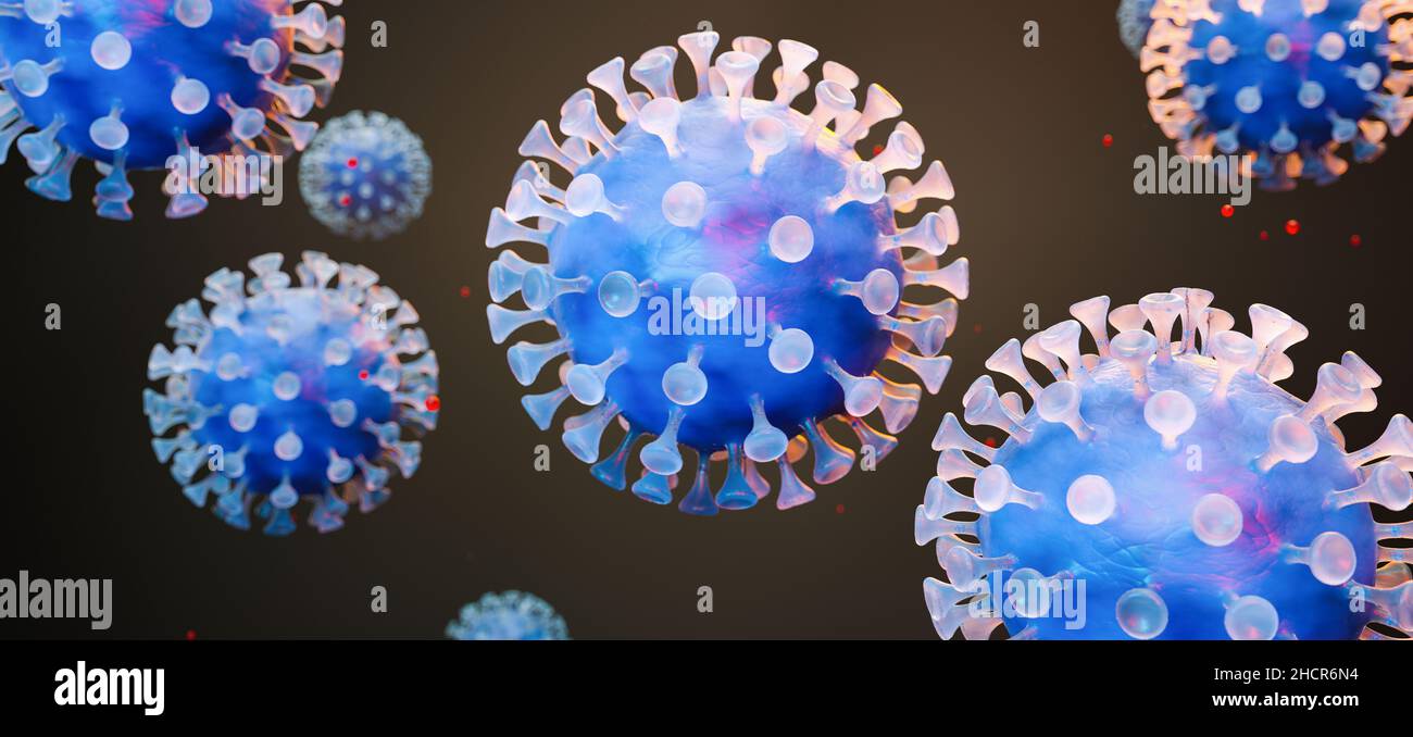 Corona virus strain 2019 (2019-nCoV) 3D medical illustration. Microscopic view of a floating cell, flu virus, corona virus strain syndrome, severe acu Stock Photo