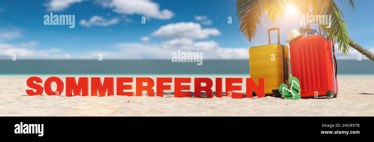Sommerferien (German for: summer holidays) concept with slogan on the beach with Suitcase, Palm tree, flip-flops and blue sky Stock Photo