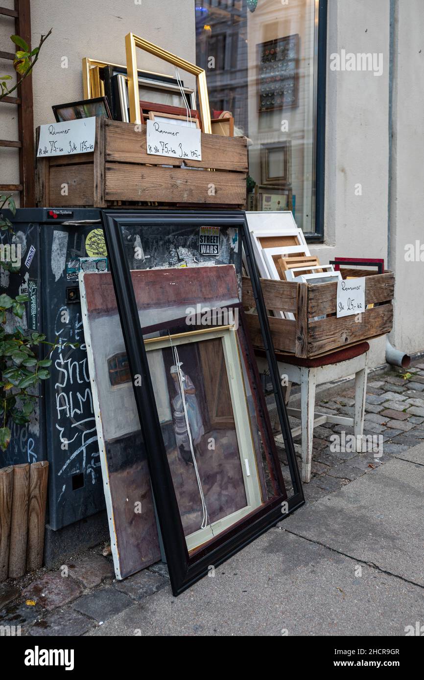 Used frames for sale outside vintage and second-hand store in Vesterbro ...