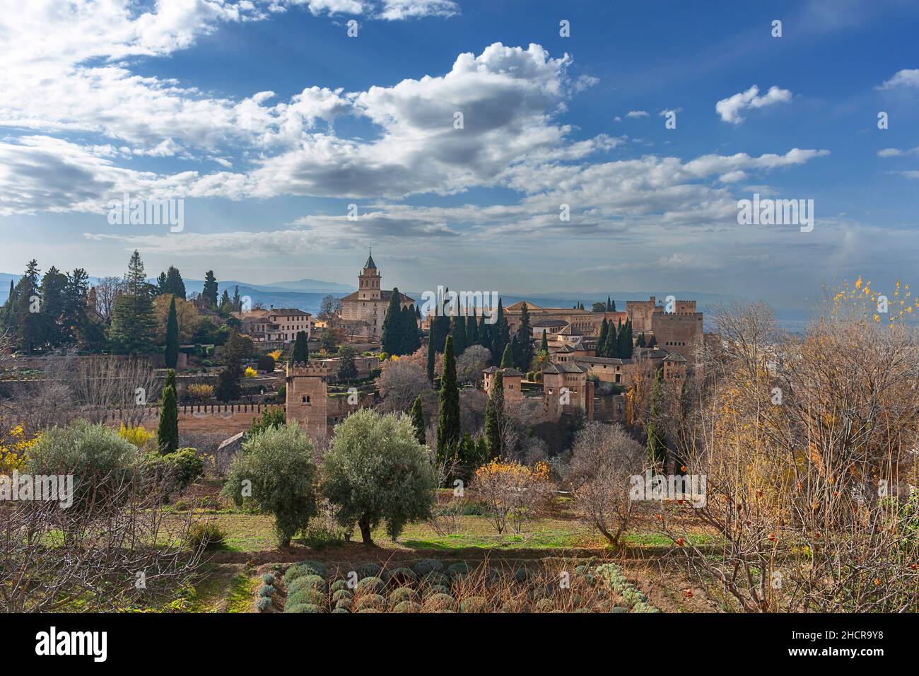 ALHAMBRA PALACE GRANADA ANDALUSIA SPAIN SEEN FROM THE GENERALIFE TERRACE GARDENS IN AUTUMN Stock Photo