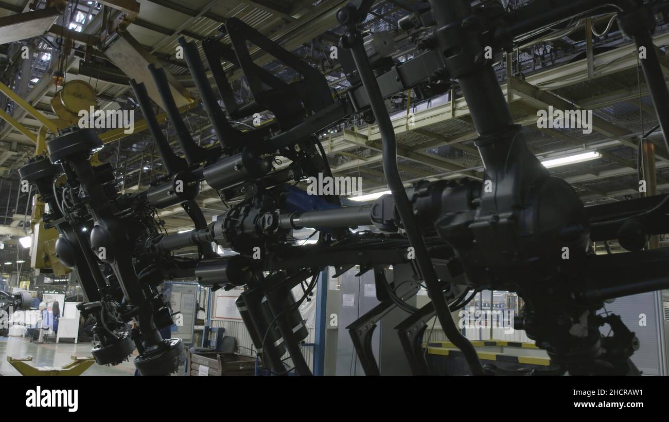 Production process of heavy mining trucks at the factory. Dump truck ...
