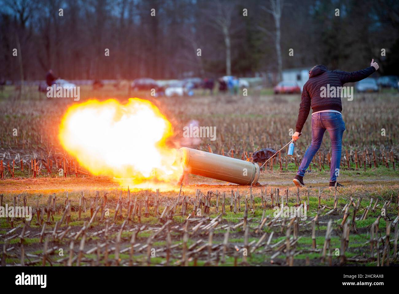 Carbide shooting is a tradition on new years eve in the eastern part of the Netherlands. Stock Photo
