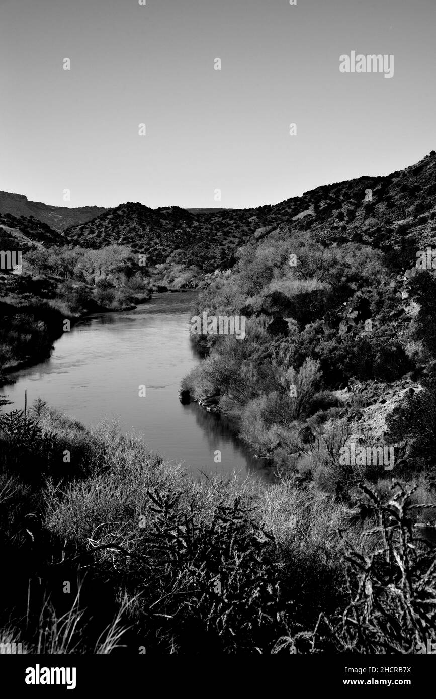 The Rio Grande River flows south from Taos, New Mexico. Stock Photo