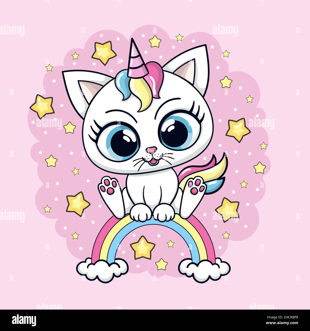 Cute little cartoon cat white unicorn. Vector Stock Vector Image & Art