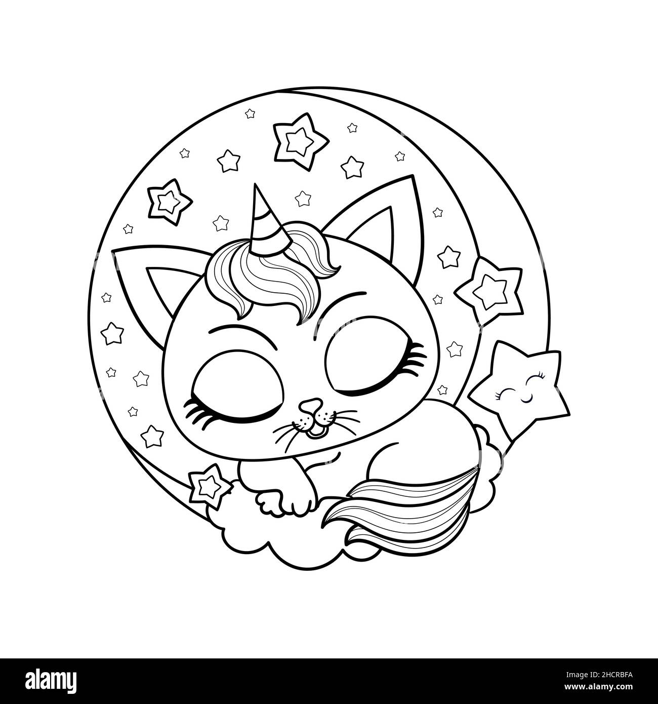 Cute kitten unicorn is sleeping. Black and white, linear image. Vector Stock Vector