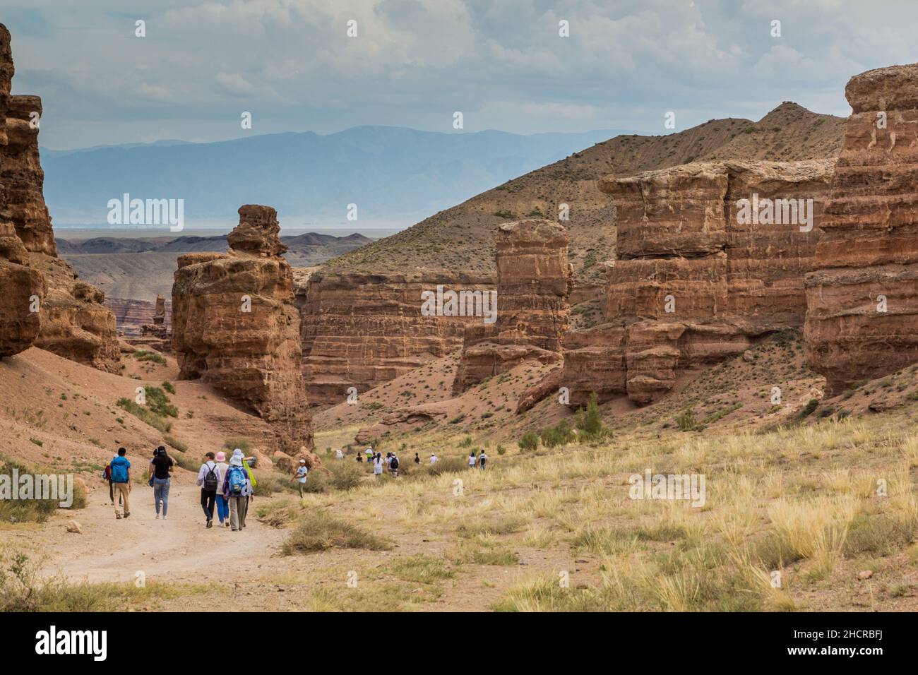 SHARYN, KAZAKHSTAN - JULY 28, 2018: Tourists visit Sharyn canyon in Kazakhstan Stock Photo
