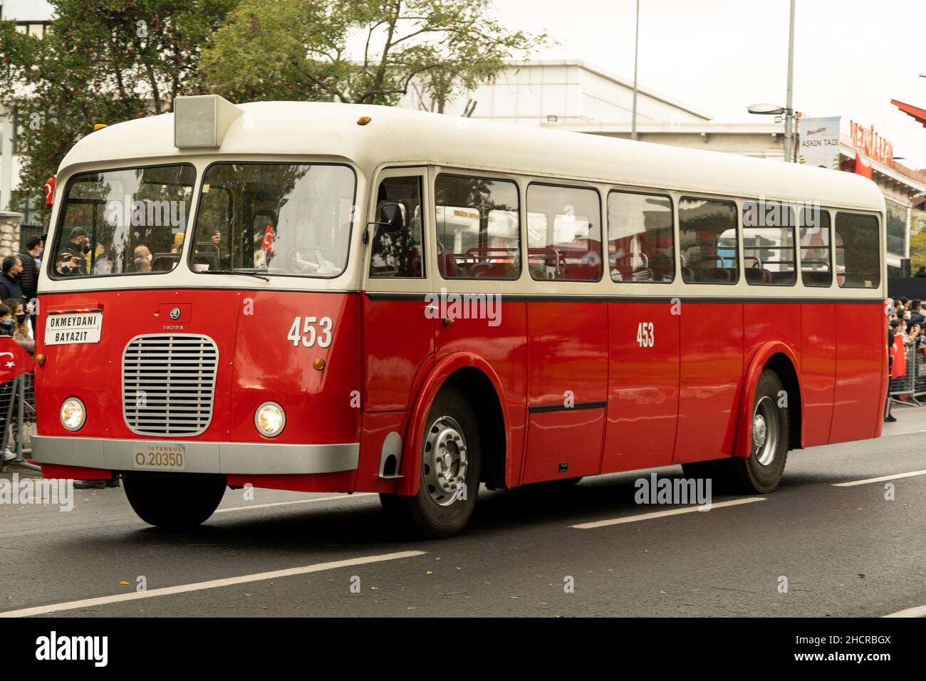 Istanbul, Turkey - October 29, 2021: Side view of vintage passanger bus SKODA RO-706–II produced in 1950 on the celebrations of republic day of Turkey Stock Photo