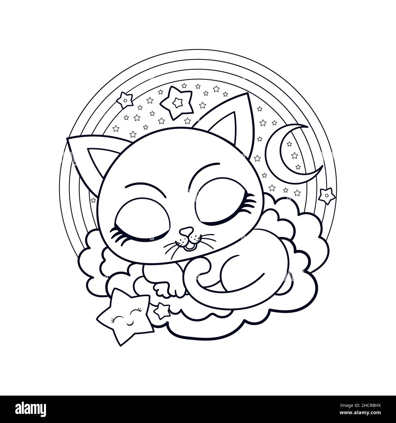 Cute kitten is sleeping on a cloud. Black and white linear illustration ...