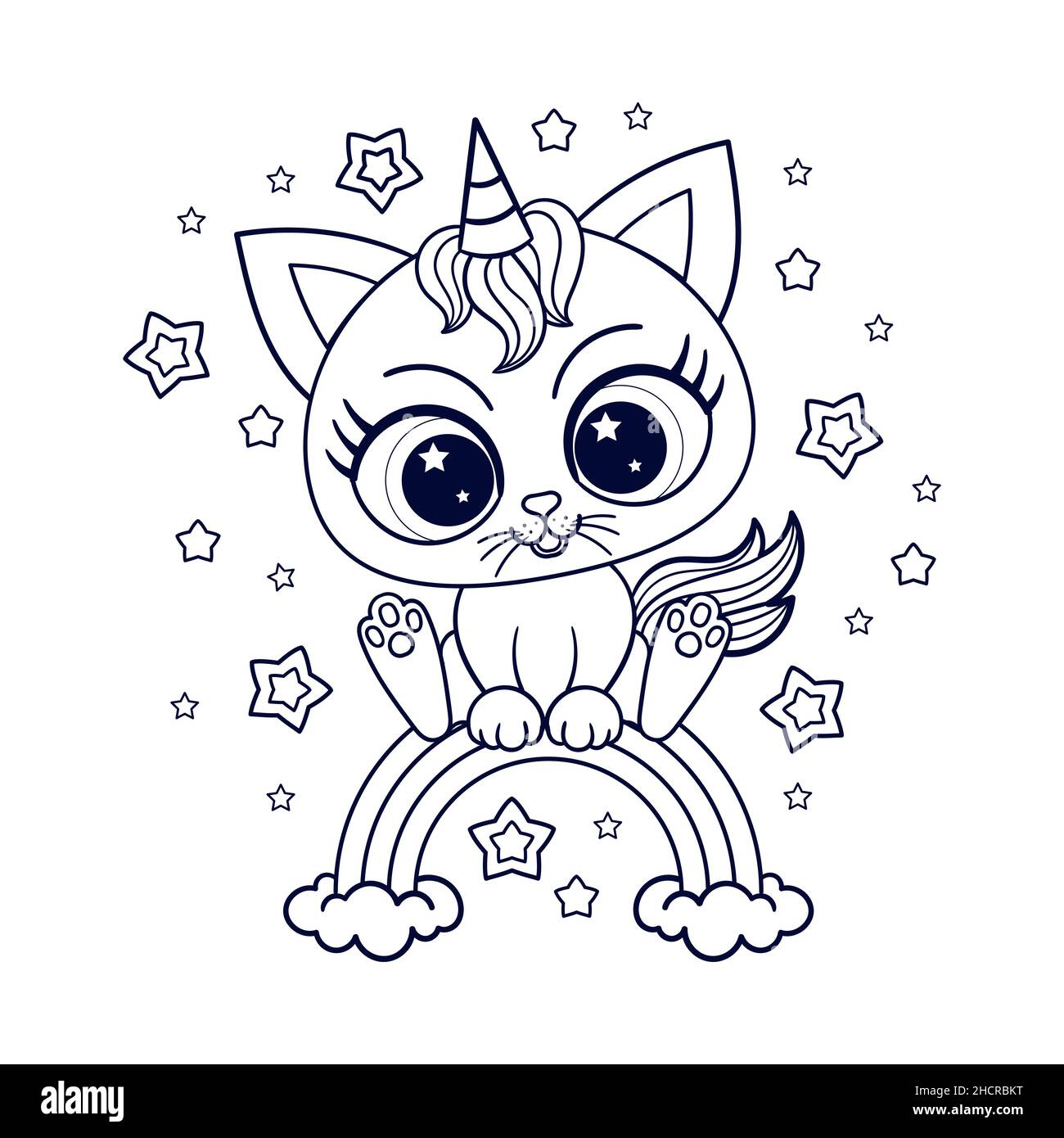 little kitten unicorn on a rainbow black and white linear drawing vector stock vector image art alamy