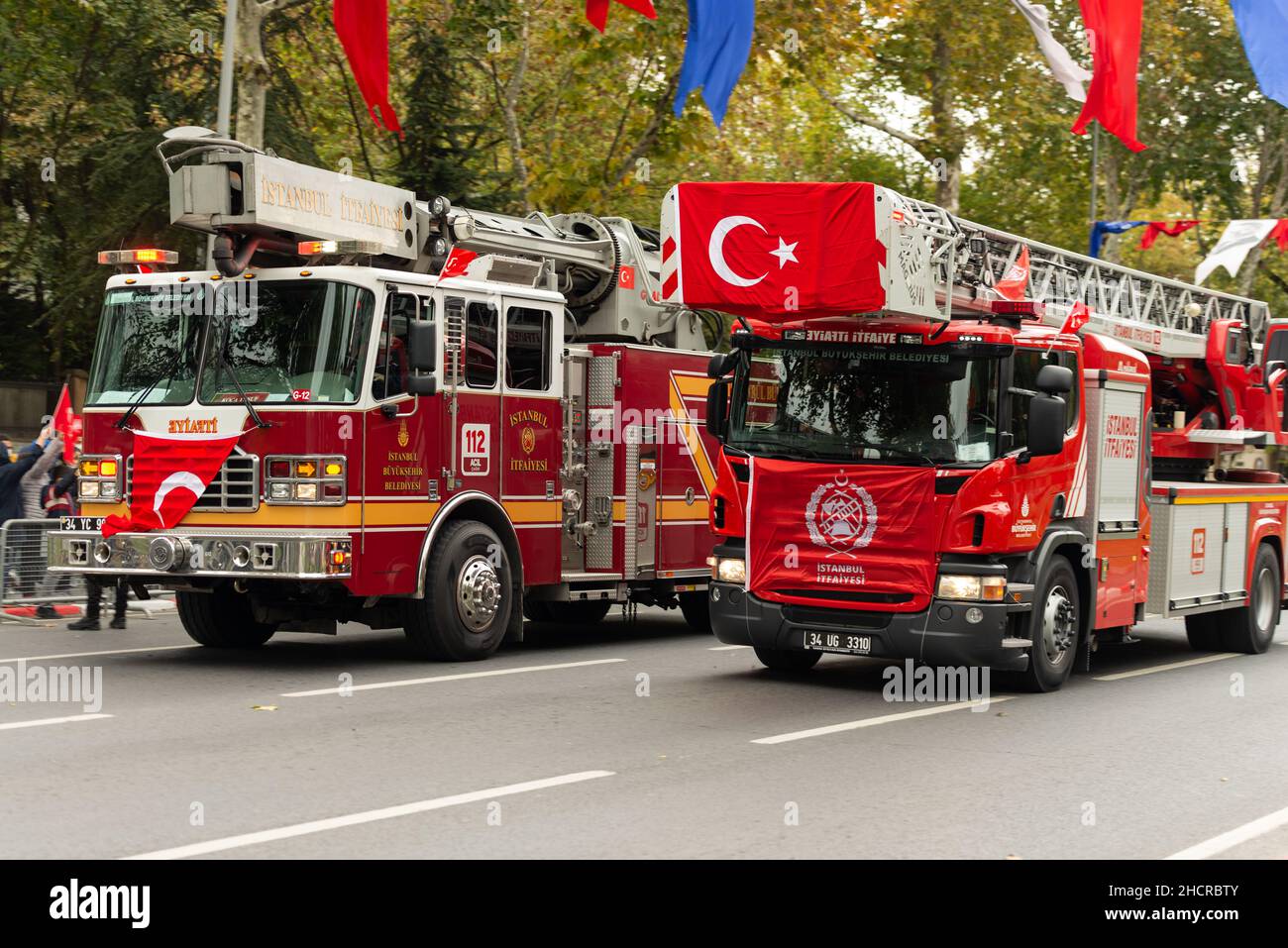 Istanbul, Turkey - October 29, 2021: Vintage fire truck and new model fire truck parade on 29 October Republic Day of Turkey. Editorial shot in Istanb Stock Photo