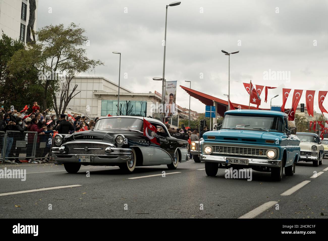 Istanbul, Turkey - October 29, 2021: Buick Roadmaster classic car and Chevrolet old pick-up parade in october 29 republic day. Editorial Shot in Istan Stock Photo