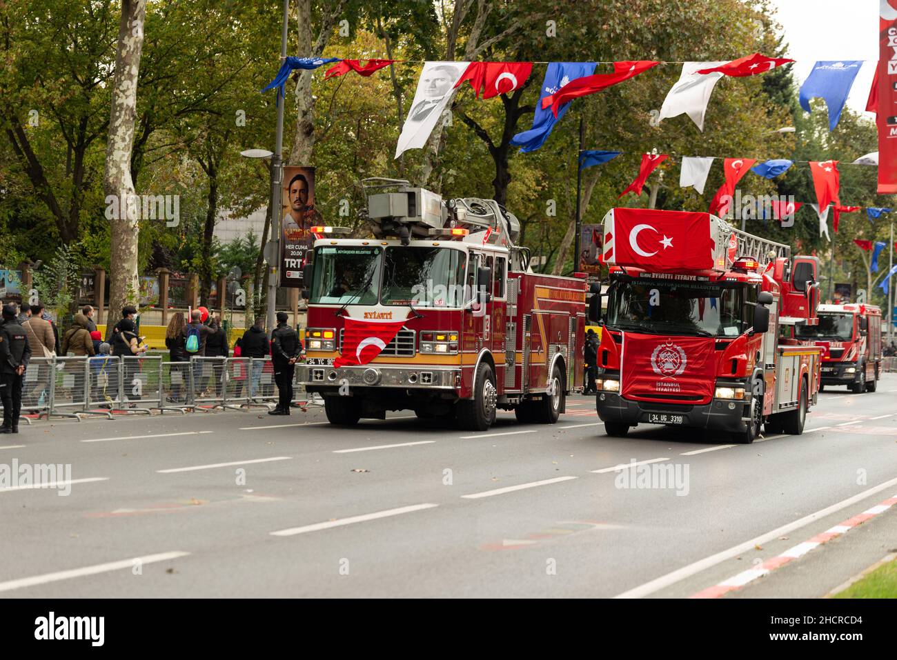 Istanbul, Turkey - October 29, 2021: Vintage fire truck and new model fire truck parade on 29 October Republic Day of Turkey. Editorial shot in Istanb Stock Photo