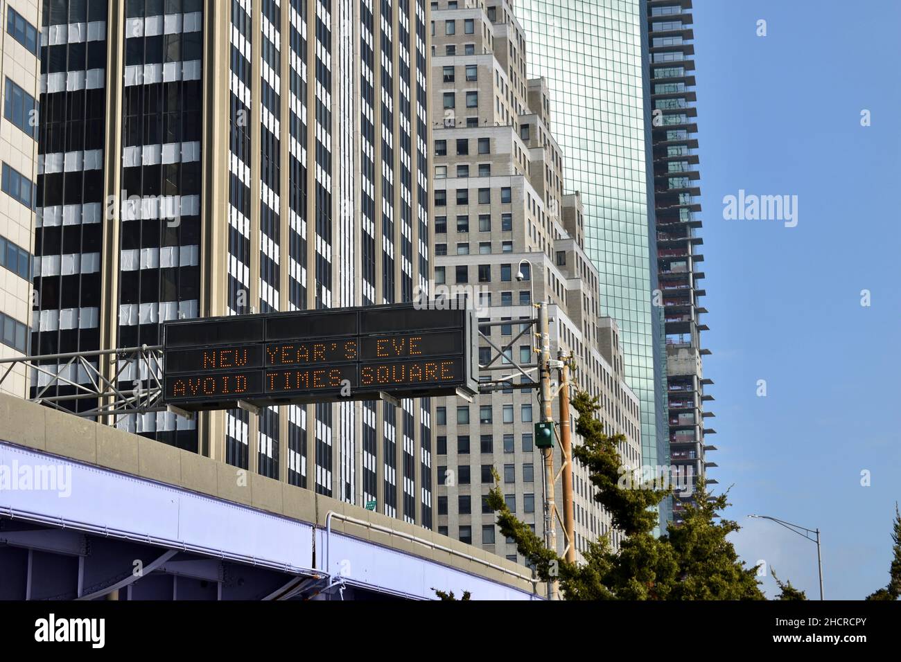 Sign on the FDR Drive reading New Year's Eve Avoid Times Square, December 31, 2021, in New York. Stock Photo