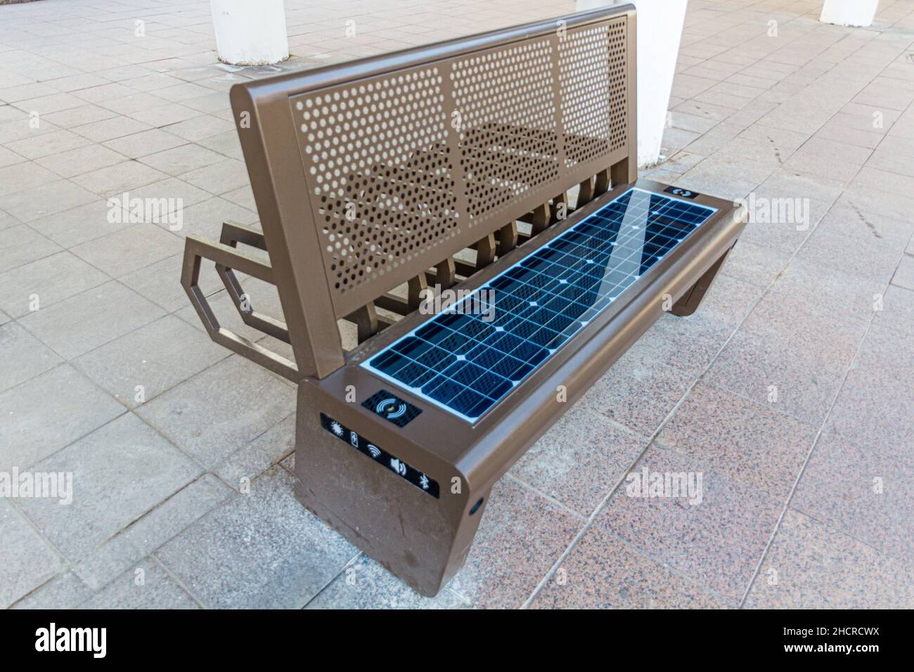 Bench with a solar panel in Astana now Nur-Sultan , capital of Kazakhstan Stock Photo
