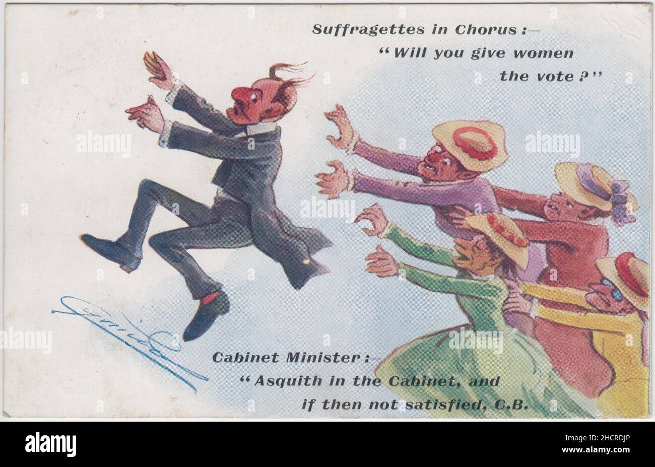 'Suffragettes in chorus: 'Will you give women the vote?' Cabinet Minister: 'Asquith in the Cabinet, and if then not satisfied, C.B. [Campbell-Bannerman]': cartoon showing a man with a moustache & comb-over hair fleeing from four women portrayed as older, ugly & lacking teeth, all wearing straw hats and running with outstretched arms (in the style of a zombie film chase). The image is on a postcard that was sent in 1908 and was drawn by Cynicus, an alias of the artist Martin Anderson, (1854-1932) Stock Photo