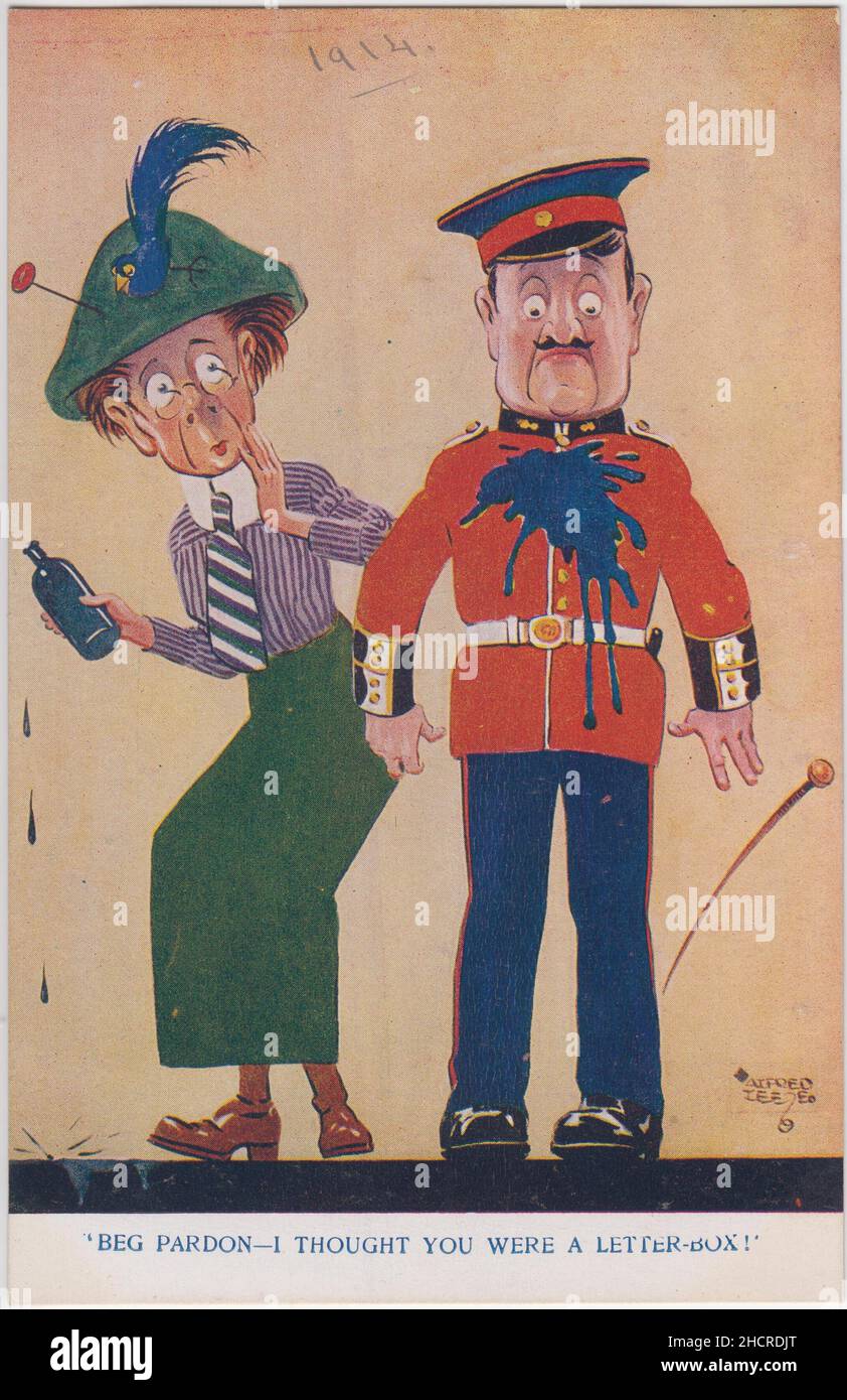 'Beg pardon - I thought you were a letter box!': Postcard showing a caricature of a short-sighted suffragette wearing clothes in the colours of the Women's Social and Political Union (including a 'masculine' tie) having accidently hurled a bottle of ink at a soldier in a red and black uniform. Attacks on pillar boxes, including pouring ink inside to damage letters, were part of the tactics of civil disobedience adopted by militant suffragettes. The artist was Alfred Leete (1882–1933), best known for the 1914 First World War recruitment poster 'Lord Kitchener Wants You' Stock Photo