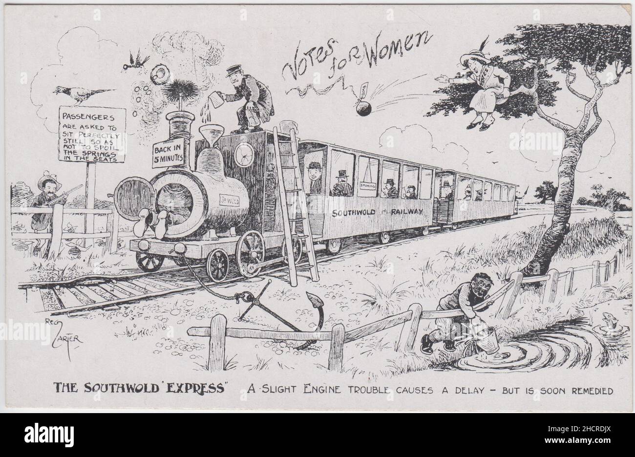 'The Southwold 'Express': A slight engine trouble causes a delay - but is soon remedied': cartoon showing various obstacles in the way of the narrow gauge Southwold Railway, including a bomb hurling suffragette in a tree (shouting 'Votes for women'), a bird's nest on the engine & a lack of water. The railway engine and carriages are portrayed as elderly & eccentric, with the train stopping with the aid of an anchor. The cartoon was drawn by Reg Carter (1886-1949) Stock Photo