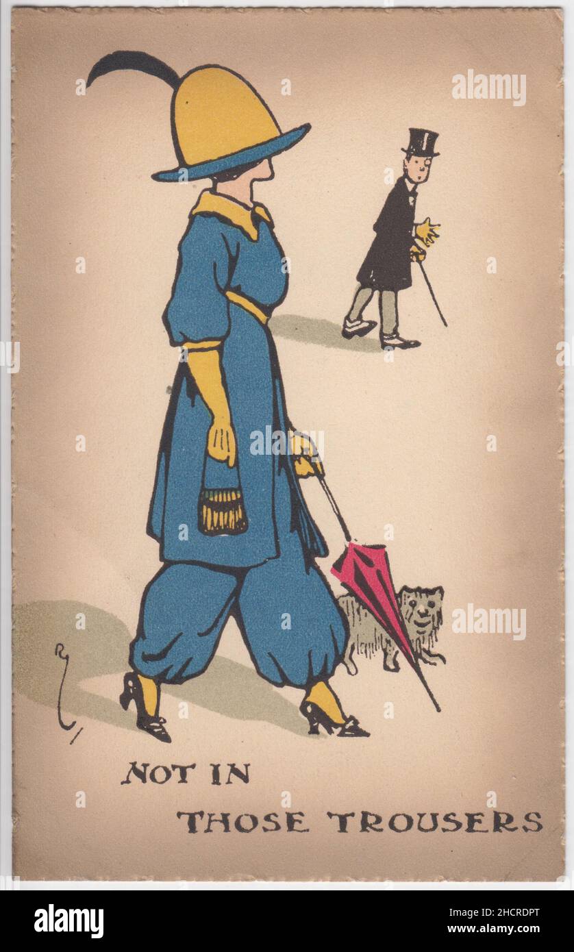 'Not in those trousers': cartoon showing a fashionably dressed woman in trousers and a long jacket, with a large hat. She is carrying a purse and umbrella and has a small dog next to her. A man with a top hat, cane and monocle is staring at her in astonishment. This is one of a series of postcards produced in the early 20th century which had this caption, showing women challenging convention in supposedly 'masculine' dress Stock Photo