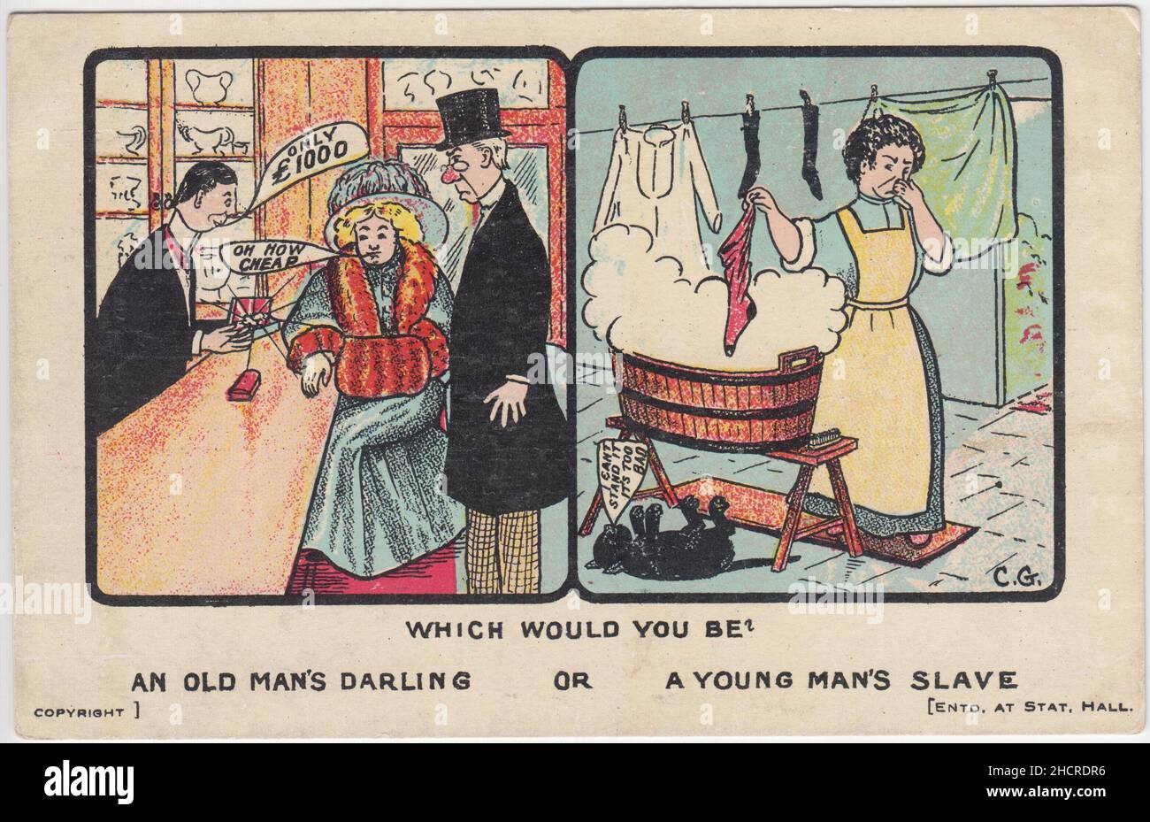 'Which would you be? An old man's darling or a young man's slave': contrasting cartoons - one shows a woman dressed in expensive clothing (including furs) being shown items by a jeweller, whilst her elderly husband or lover is standing next to her (her response to the price tag of £1000 is 'Oh how cheap'). The other panel shows a woman in an apron doing the laundry, she is holding a very smelly sock with one hand & her nose with the other, the cat has keeled over because of the stink (& is commenting that 'I can't stand it it's too bad'). A washing line with a shirt & more socks is behind her Stock Photo