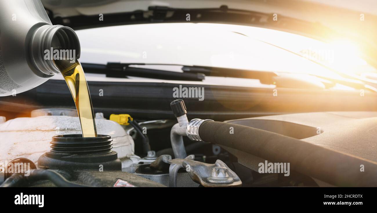 Pouring motor oil to car engine, Fresh oil poured during an oil change