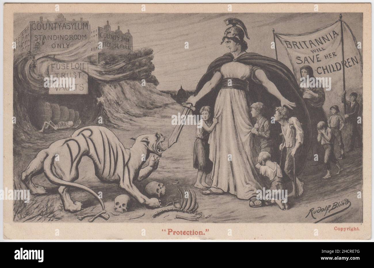 'Protection': pro-temperance postcard showing Britannia fending off the beast 'drink' with a sword. A mother and children in ragged clothing are behind her, several of them carrying a banner with the slogan 'Britannia will save her children', and one child on crutches. A packed county asylum, county jail / prison and the fusel oil (alcohol) trust vaults can be seen in the background. The image was produced by the painter Rudolf Blind (1850-1916) Stock Photo
