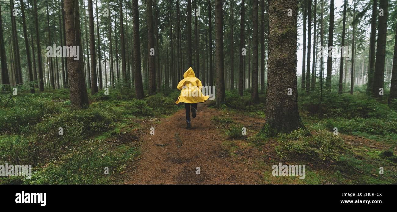man in yellow rain jacket runs in the forest, fog, rain and mist Stock Photo