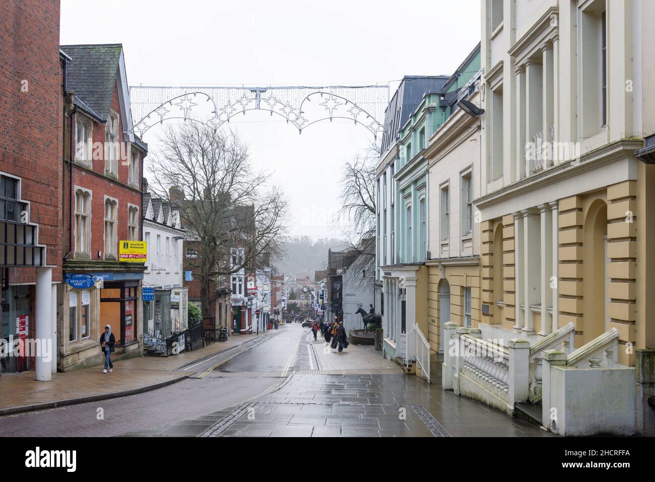 View from Westgate in winter, High Street, Winchester, Hampshire, England, United Kingdom Stock Photo