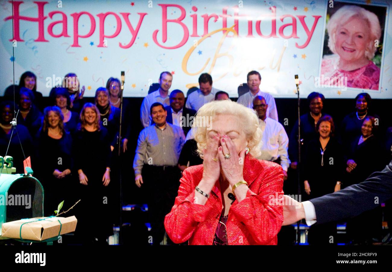 Kansas City, USA. 20th Jan, 2011. Actress Betty White becomes overwhelmed during her surprise birthday party at Crown Center in Kansas City, Missouri, on Thursday, January 20, 2011. Brad Moore, president of Hallmark Hall of Fame Productions, surprised White after the screening of her upcoming Hallmark Hall of Fame movie 'The Lost Valentine.' (Allison Long/Kansas City Star/MCT/Sipa USA) Credit: Sipa USA/Alamy Live News Stock Photo
