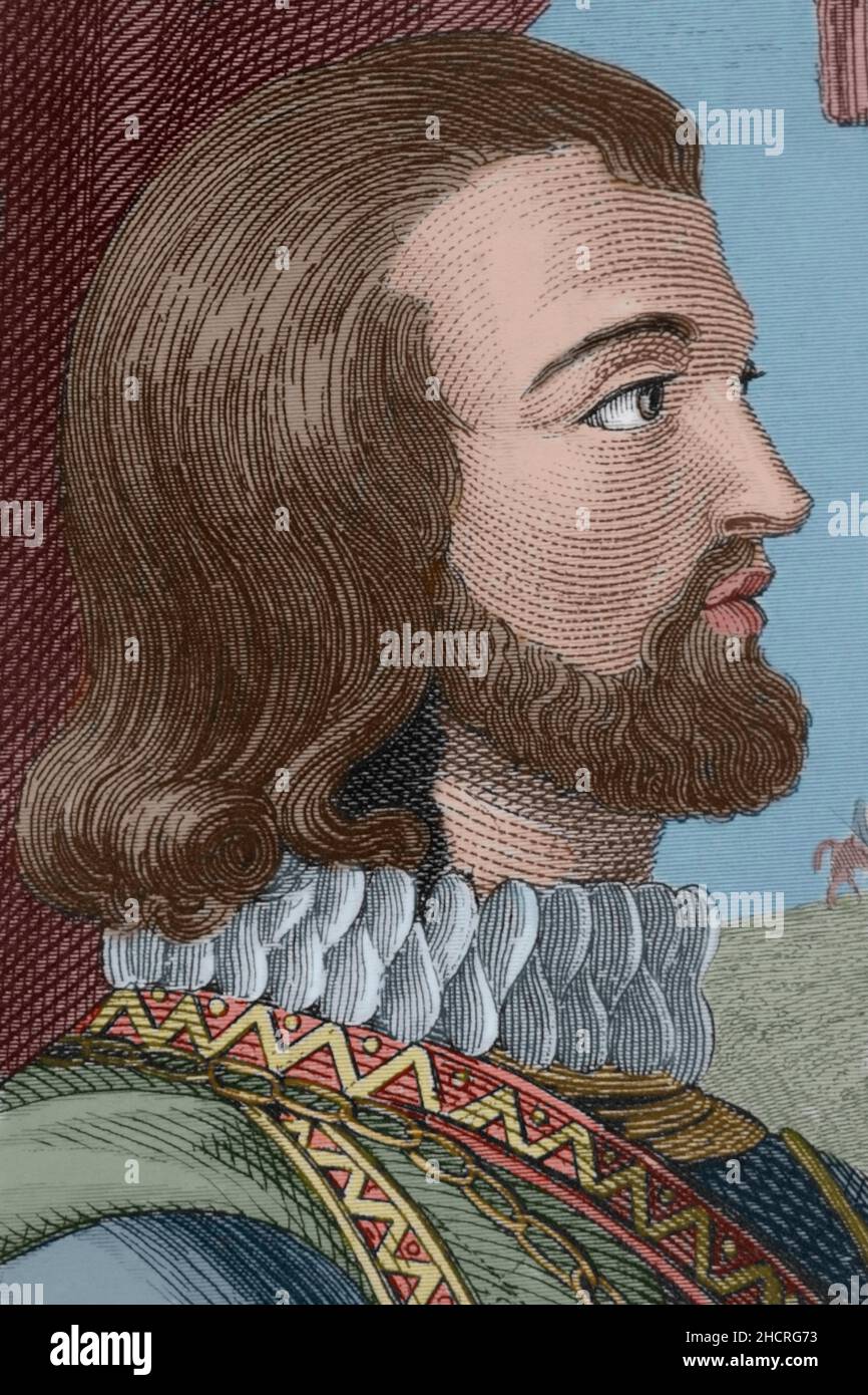 John I of Castile (1358-1390). King of Castile from 1379 until 1390. Portrait, detail. Engraving by Antonio Roca. Later colouration. Las Glorias Nacionales, 1853. Stock Photo