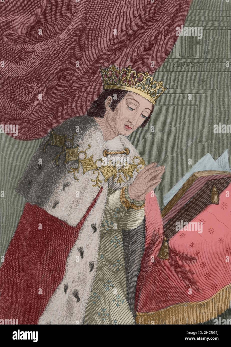 Alfonso VIII of Castile (1155-1214), called the Noble or the one of the Navas. King of Castile from 1159 and King of Toledo. Portrait. Engraving by Antonio Roca. Later colouration. Las Glorias Nacionales, 1853. Later colouration. Stock Photo