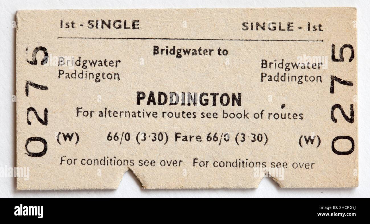 Old 1970s British Railway Train Ticket - Bridgwater to Paddington Stock Photo