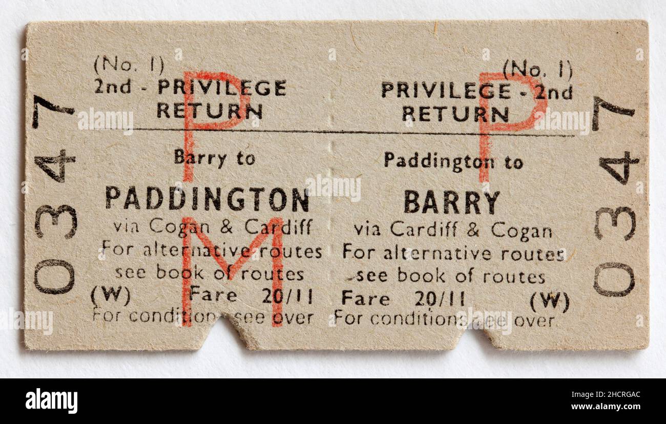 Old British Railway Train Ticket - London Paddington to Barry South Wales Stock Photo