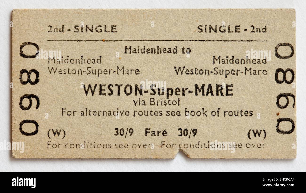 Old British Railway Train Ticket - Maidenhead to Weston Super Mare Stock Photo