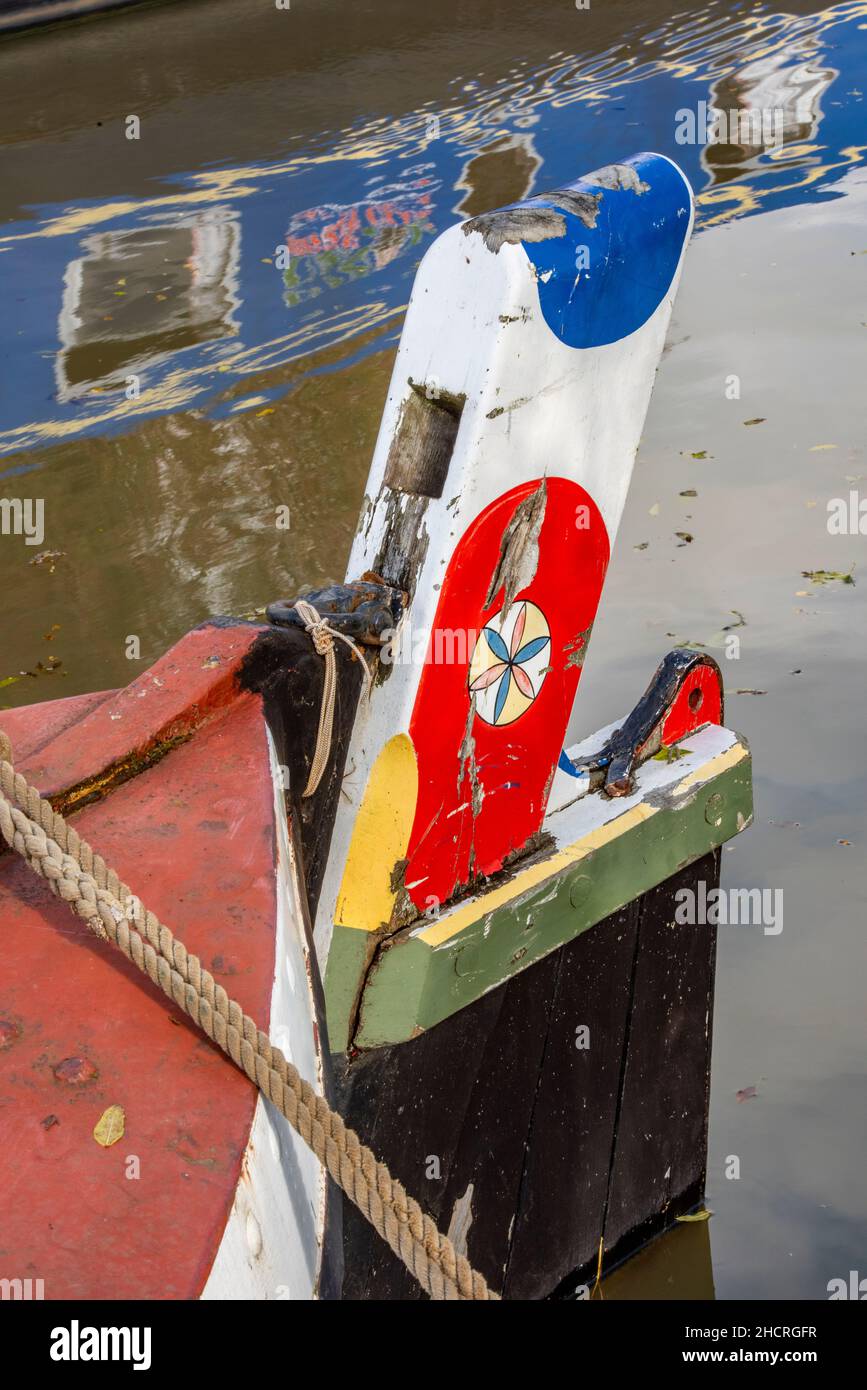handpainted tiller of a traditional narrowboat or barge on the grand